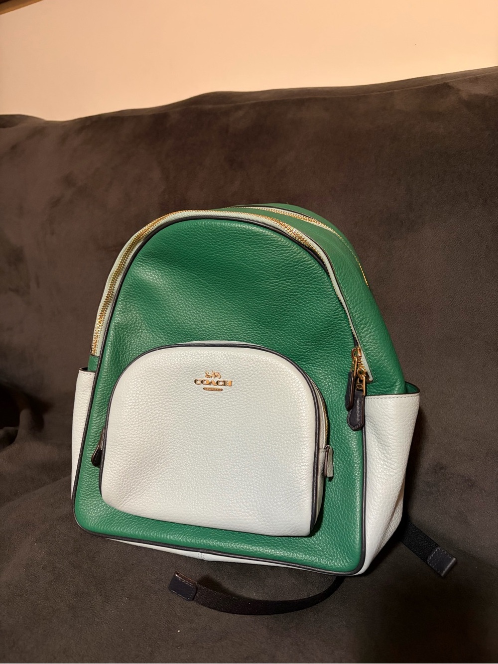 Coach Green and White Pebbled Leather small Backpack with Gold Hardware